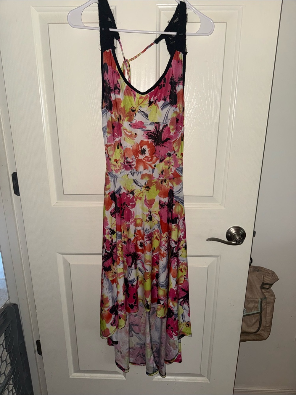 Floral High-Low Maxi Dress in Pink & Yellow with Lace Straps